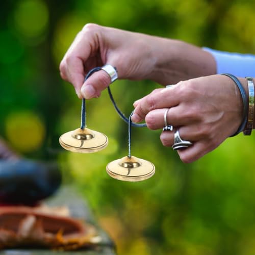 UKCOCO Handcrafted Nepalese Small Copper Meditation Cymbals Bell, Finger Cymbals Percussion Instrument for Adults, Tibetan Yoga Chime for Mindfulness and Sound Healing