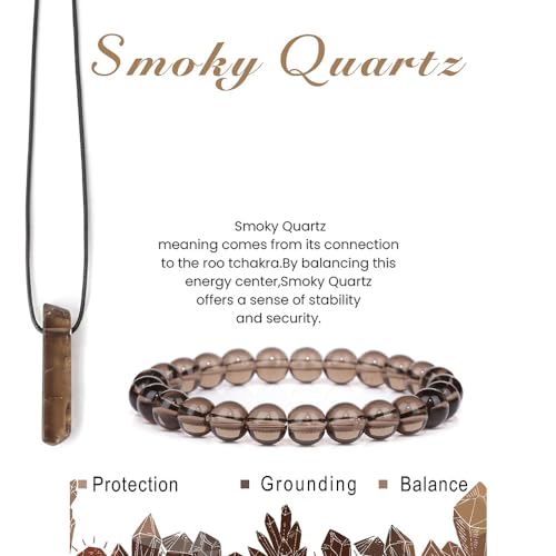 Pingyongchang Stress Relief Anxiety Yoga Bracelets Necklace Set,Healing Crystal Stone Mantra Bracelets for Women Natural Crystal Stone birthday Gifts For Teen Girls Black Leather Necklace for Men - color: Smoky Quartz
