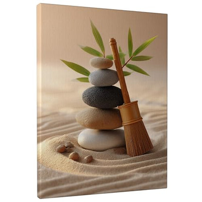 Zen Stones and Bamboo Canvas Wall Art, Neutral Beige Green Minimalistic Decor, Tranquil Home Aesthetic for Living Room, Bedroom, Office, Wrapped Canvas 8x10 Inch - size: 8x10 Inch