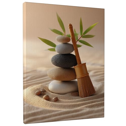 Zen Stones and Bamboo Canvas Wall Art, Neutral Beige Green Minimalistic Decor, Tranquil Home Aesthetic for Living Room, Bedroom, Office, Wrapped Canvas 8x10 Inch - size: 8x10 Inch