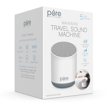 Pure Enrichment Wave Mini Travel Sound Machine - 6 Soothing Sounds Including White Noise, Seamless Loop Audio, Rechargeable Battery, 48 Hour Run Time, Optional Timer, and Storage Bag - color: White