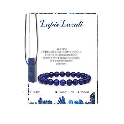 Pingyongchang Stress Relief Anxiety Yoga Bracelets Necklace Set,Healing Crystal Stone Mantra Bracelets for Women Natural Crystal Stone birthday Gifts For Teen Girls Black Leather Necklace for Men - color: Lapis Lazuli