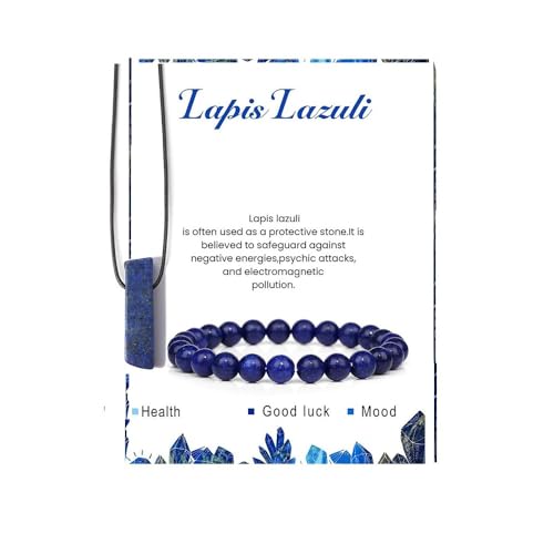 Pingyongchang Stress Relief Anxiety Yoga Bracelets Necklace Set,Healing Crystal Stone Mantra Bracelets for Women Natural Crystal Stone birthday Gifts For Teen Girls Black Leather Necklace for Men - color: Lapis Lazuli
