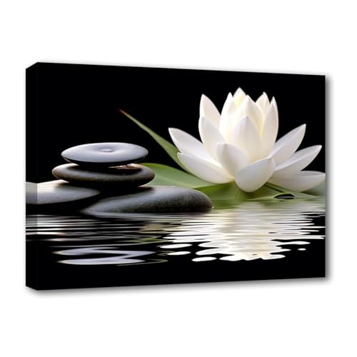 LZIMU Zen Canvas Wall Art White Lotus and Black Zen Stones Bloom in Water Picture Prints for Yoga Spa Meditation Spiritual Room Bathroom Decor (Zen-1, 24"x36") - color: Zen-1, size: 24"L x 36"W