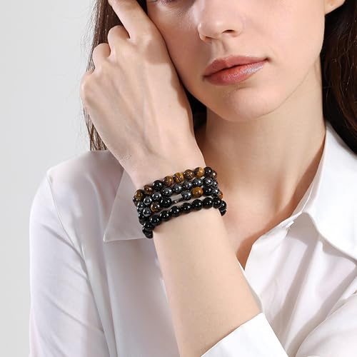 Fengling 4 PCS Beaded Crystal Bracelet for Women 8mm Natural Gemstones Handmade Bracelet for Girls Healing Stretch Bracelets Crystal Jewelry for Women Gifts - color: Tiger Eye&Black Obsidian&Hematite