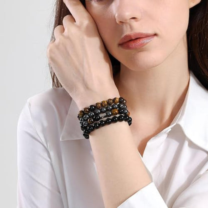 Fengling 4 PCS Beaded Crystal Bracelet for Women 8mm Natural Gemstones Handmade Bracelet for Girls Healing Stretch Bracelets Crystal Jewelry for Women Gifts - color: Tiger Eye&Black Obsidian&Hematite