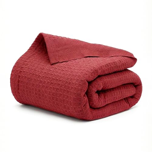 Salt Earth 100% Cotton Waffle Blanket, Queen Size 90"x92" – Lightweight All Season Throw Blanket for Couch, Bed & Bedroom, Soft Modern Cozy Cotton Blanket (Red) - color: Red, size: Queen