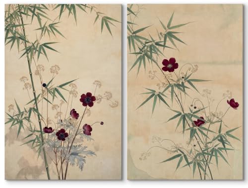 SIGNWIN Canvas Print Wall Art Set Elegant Bamboo and Anemone Illustrations Minimal Decorative Contemporary Zen for Living Room, Bedroom, Office - 16"x24" x 2 - color: B16-2603-edw05, size: 16" x 24" x 2 panels