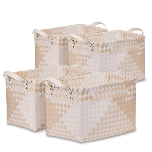 BROWNLILY Handwoven Clothes Basket Laundry Hampers Large Wicker Storage Baskets for Shelves Blankets Closet Storage Bins Car Bedroom Bathroom Organizers and Storage (Pack of 4, Khaki & Ivory White) - color: Khaki & Ivory White*4