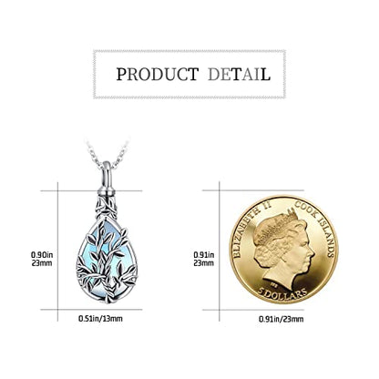 JUSTKIDSTOY Moonstone Urn Necklace for Ashes Sterling Silver Daisy/Rose/Tree Teardrop Pendant Necklace Cremation Jewelry Keepsake Memorial Gifts for Mother Grandma w/Funnel Filler - style: Tree