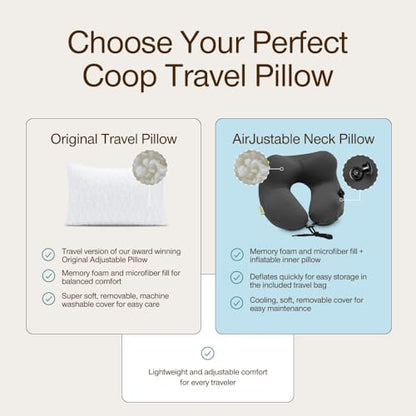 Coop Home Goods Original Adjustable Travel Pillow and Waterproof Pillow Protector Grey Bundle with Compressible Stuff Sack, Medium-Firm Memory Foam and Washable Cover, CertiPUR-US Certified (19x13) - style: Bundle Grey