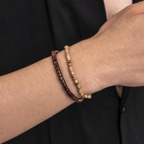 2Pcs Boho Wooden Beads Bracelets Set,Natural Stone Beaded Bracelet Set Bohemian Stackable Disc Beaded Stretch Bracelets for Men Women