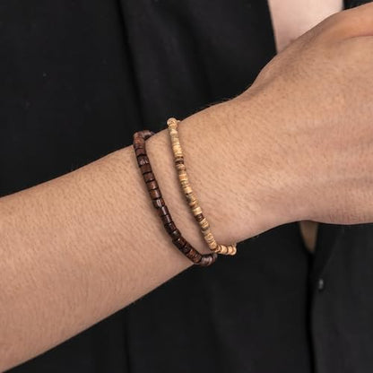 2Pcs Boho Wooden Beads Bracelets Set,Natural Stone Beaded Bracelet Set Bohemian Stackable Disc Beaded Stretch Bracelets for Men Women