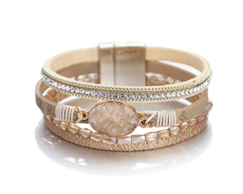 Fesciory Leopard Bracelet for Women, Boho Leather Wrap Multi-Layer Pearl Crystal Bracelet Bangle Jewelry - style: Gold Stone(Short)