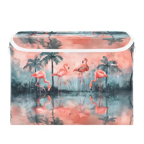 senya Large Storage Bins with Linen Collapsible Foldable Storage Cubes Fabric Closet Organizer Containers Box with Flip-Top Lid Home Bedroom Office 16.7 x 12.6 x 11.8in (Lovely Flamingos Palm Trees) - color: Lovely Flamingos Palm Trees
