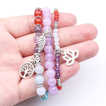 Tree of Life Yoga Healing Stone Bracelets,Multilayer Lotus Chakra Stone Reiki Bracelet Sets,Anxiety Crystal Natural Stone,for Women Stress Relief - style: Chakra+Purple jade