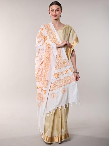 Exotic India Women's Polycotton Prayer Shawl with Printed Om Namah Shivai | Religious Pooja Mandir Wrap Stole, Scarves