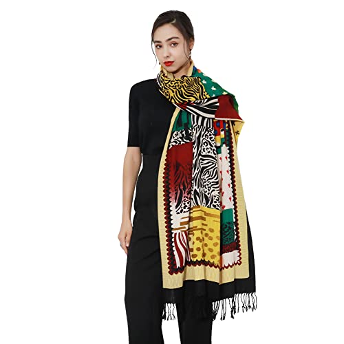 100% Merino Wool Pashmina Shawl for Women 96"x43", Oversized Cashmere Wrap with Tassels, Floral Travel Blanket Cape - color: Black Yellow Animal Patch
