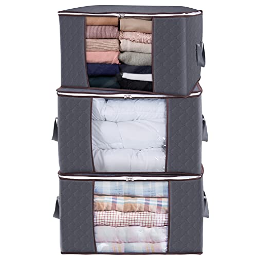 Lifewit 3 Pack 90L Clothes Storage Bins with Lids, Foldable Blanket Storage Bags with Zippers, Clear Window and Reinforced Handles, Closet and Organization for Clothing, Sweater, Comforter, Bedding - size: 90L