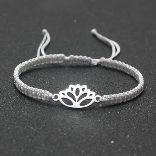 Lotus Symbol Bracelet for Women - Adjustable Cord, Silver Pendant, Spiritual Jewelry Gift - style: Silver Gray