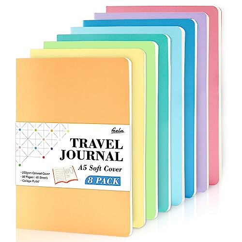 feela 8 Pack Soft Cover Journal Bulk, Notebooks College Ruled for Work, Lined Travel Journal for Students Women, Note Taking Notebook School Supplies Business Writing, 8.2” x 5.5”, A5, Pastel Colors - color: 8 Pastel Colors