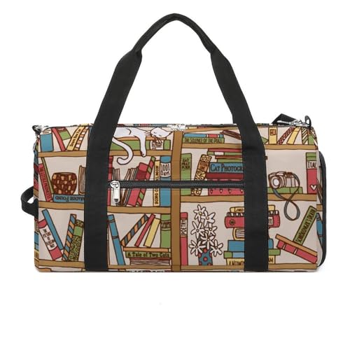 Sleeping Cat Library Bookshelf Large Capacity Portable Fitness Bag, Easy to Carry - color: sleeping cat library bookshelf