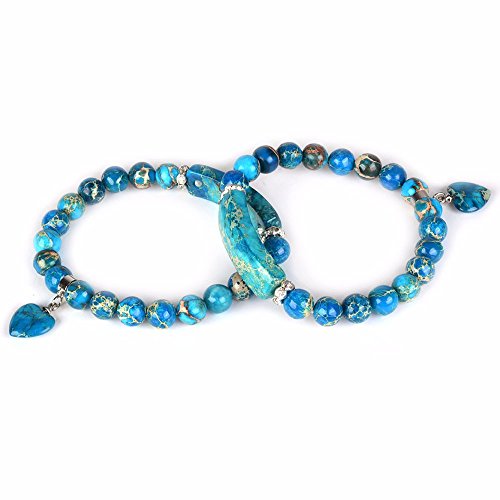 Justinstones Gem Semi Precious Gemstone Love Heart Charm Stretch Beaded Bracelet Unisex - color: Dyed Blue Sea Sediment Jasper