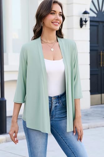 Yekaty 3/4 Sleeve Cardigan for Women Lightweight Thin Open Front Summer Soft Drape Cardigans - color: Sage Green, size: Large