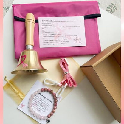 Ring the Bell Breast Cancer Survivor Gifts – End of Chemo Breast Cancer Bell Set|Includes waterproof shower cover for after breast surgery|A Gift After Breast Removal Surgery - color: Pink-Breast Cancer Theme Set