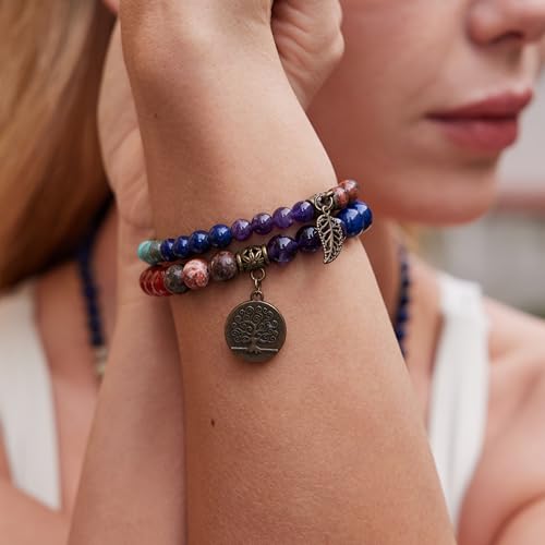 Bivei Natural Semi Precious Gemstone beads bracelet for women - Life Tree and Leaf Charm Energy Reiki Crystal Stretch Bracelets - color: # 7 chakras bracelet set- Bronze, size: Medium:6.8-7.24inch