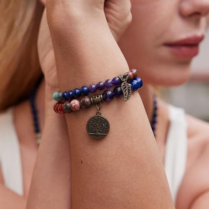 Bivei Natural Semi Precious Gemstone beads bracelet for women - Life Tree and Leaf Charm Energy Reiki Crystal Stretch Bracelets - color: # 7 chakras bracelet set- Bronze, size: Medium:6.8-7.24inch