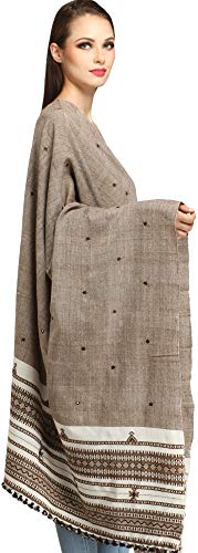 Exotic India Shawl from Kutch with Embroidered Mirrors - Pure Wool - color: Monks Robe