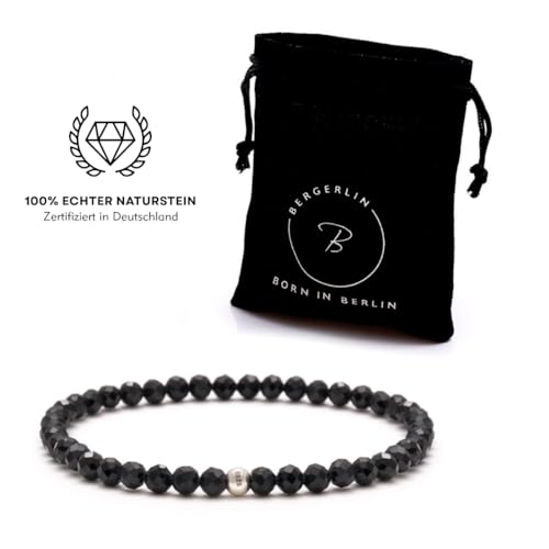 BERGERLIN Real natural stone bracelet - Tested and certified in Germany - Genuine bracelets with 925 Sterling silver pearl and faceted pearls - color: Onyx (agate color treated), size: Large