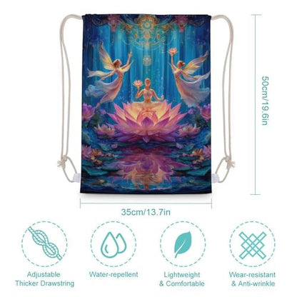 Chakra Yoga And Meditation Zen Lotusfloral Canvas Drawstring Backpack Lightweight String Bag for Sports Gym Travel Swimming Beach 35x50cm