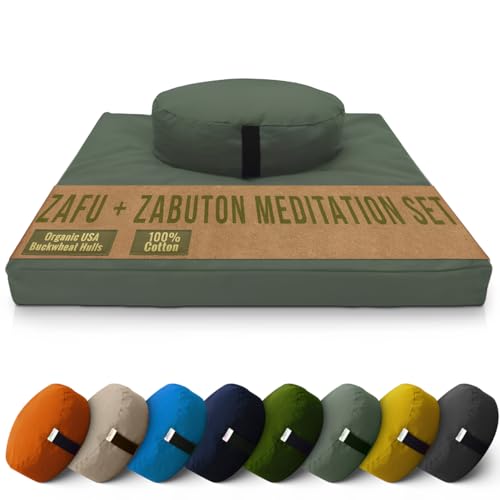 Bean Products Meditation Cushion Mat Set - Zafu Floor Pillow Organic Buckwheat Pillow + Cotton Filled Zabuton Prayer Pad - Meditation Pillow Yoga Knee Pad - Made in USA - 14" Round or 18" Oval