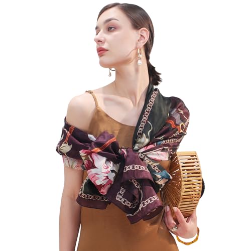 DANA XU Women's 100% Mulberry Silk Pashmina Shawl and Wraps Extra Large Floral Scarf for Evening Dresses, Soft Oversized - color: Brown Chain Floral