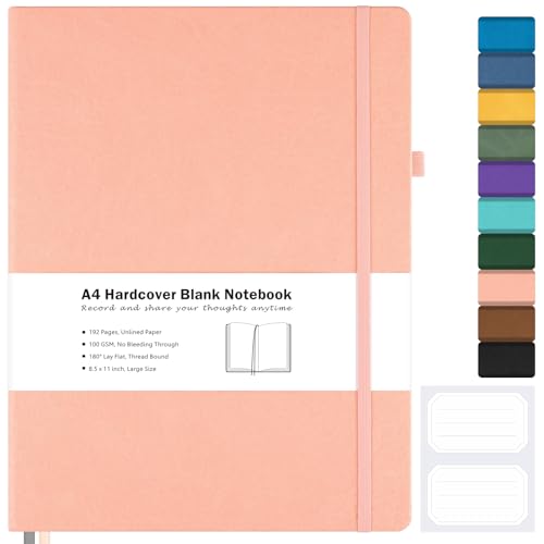 Blank Notebook, Hardcover Sketch Book, 8.5 x 11 Large Blank Journal, No Bleed Thick Paper Sketchbook for Drawing, Unlined Notebook Journal for Women Men School, A4 Leather Sketchbook, Lay Flat, Pink - color: Pink