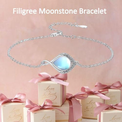 PELOVNY Celtic Knot Bracelet for Women 925 Sterling Silver Infinity Gemstone/Birthstone Bracelets Birthday Christmas Jewelry Gifts for Mom Daughter Wife - color: 02-Filigree-Moonstone