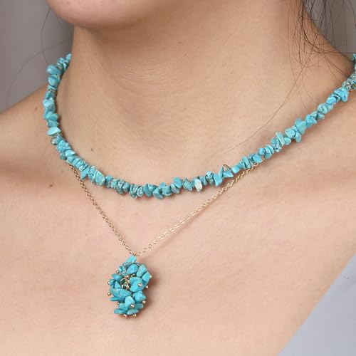 2Pcs Crystal Necklace for Women Handmade Choker Necklaces Pendant Necklace Natural Stone Gemstone Beaded Necklace 18k Gold Plated Adjustable Dainty Necklace for Women - color: Turquoise