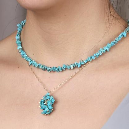 2Pcs Crystal Necklace for Women Handmade Choker Necklaces Pendant Necklace Natural Stone Gemstone Beaded Necklace 18k Gold Plated Adjustable Dainty Necklace for Women - color: Turquoise