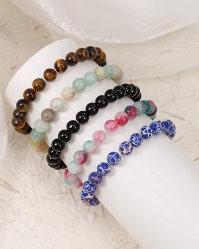 BOMAIL 5Pcs Healing Crystal Bracelets for Women 8mm Natural Stone Beaded Stretch Bracelet Set Handmade Semi-Precious Gemstone Bracelets - color: C