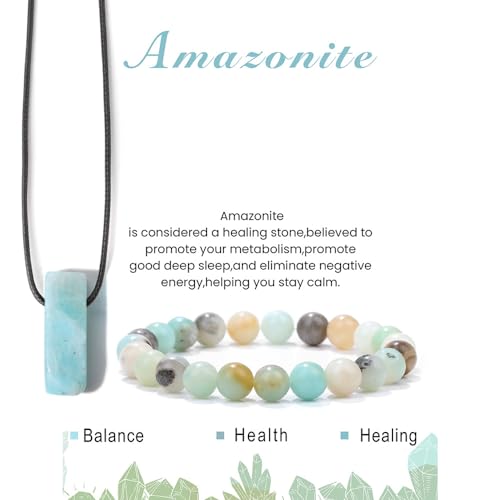 Pingyongchang Stress Relief Anxiety Yoga Bracelets Necklace Set,Healing Crystal Stone Mantra Bracelets for Women Natural Crystal Stone birthday Gifts For Teen Girls Black Leather Necklace for Men - color: Amazonite