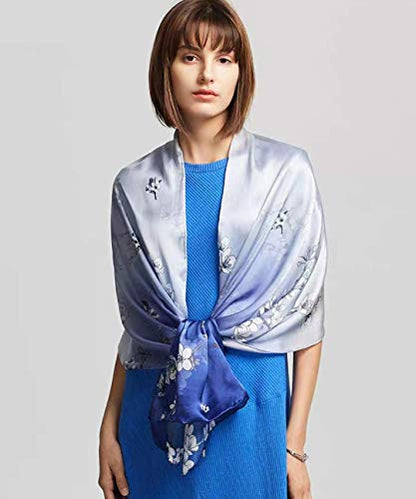 100% Mulberry Silk Long Scarf for Women Large Shawls for Headscarf and Neck- Oblong Hair Wraps with Gift Packed - color: Blue&white Plum Flowers