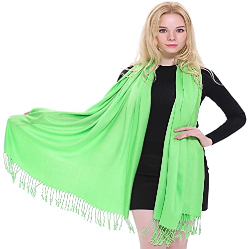 CJ Apparel Solid Color Tassels Design Nepalese Shawl Scarf Wrap Stole Throw Head Wrap Pashmina Gift Hand Made in Nepal New - color: Bright Green