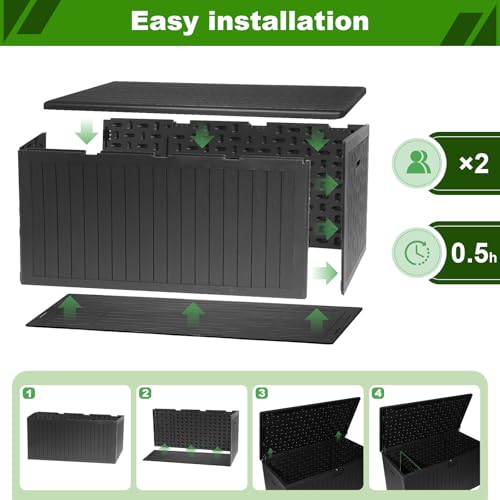 320 Gallon Deck Box with 6 Waterproof Foot Pads, Resin Storage Box Weatherproof, Plastic Cushion Container with Lock and Lids for Pool Equipment, Black - color: Black(320 Gal)