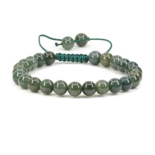 Keleny Natural Gemtone 6mm Round Beads Crystal Adjustable Braided Macrame Tassels Bracelets Unisex - color: Dark Green Jade