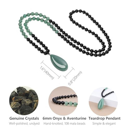 COAI Teardrop Pendant Necklace 108 Mala Stone Beaded Necklace, Prayer Beads Necklace for Women - style: Onyx & Green Aventurine
