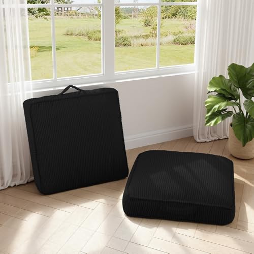 Floor Pillow for Adults Set of 2, 4" Square Floor Cushions with Washable Cover, Large Corduroy Meditation Pillow, 22 inches Tatami Seat with Handle for Living Room or Yoga, Black - color: Black, size: 22x22x4.2 inch
