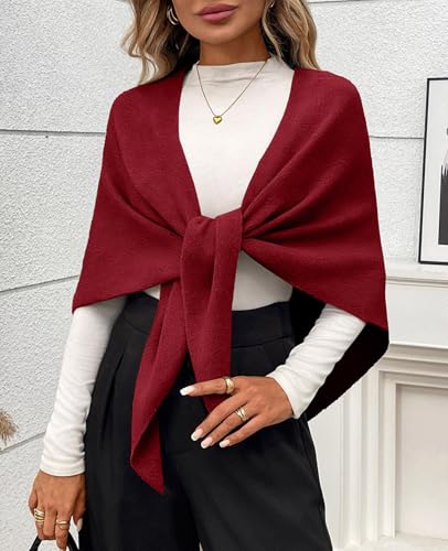 Womens Knitted Shawl Wraps Casual Solid Color Cape Scarf Comfortable Triangle Pashmina Shoulder Sweater - color: Wine Red