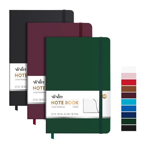 ViVin Lined Journal Notebooks,3 Pack,192 Pages,Medium 5.5 x 8.3 inch,College Ruled,A5 Hardcover Notebooks,Journaling Notebooks for Professional Office Work,Writing, School - color: Black+burgundy+dark Green, size: 3 Pack
